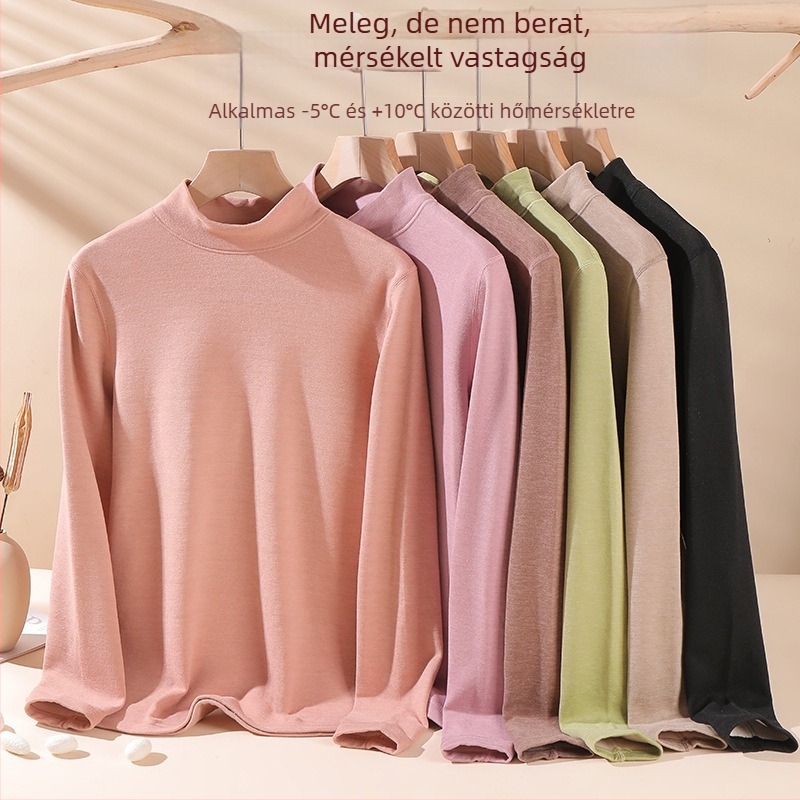 Női gyapjú termoszett - magas gallér, hosszú ujjú, egyszínű minta, gyapjú anyag, japán-koreai laza stílus