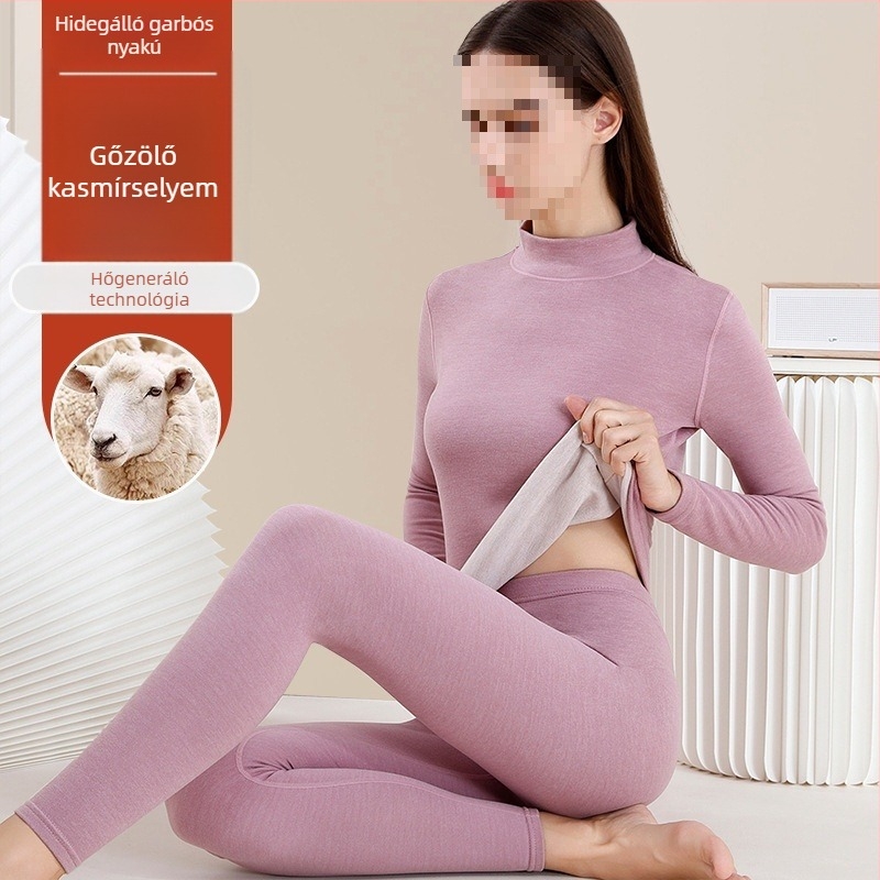 Női gyapjú termoszett - magas gallér, hosszú ujjú, egyszínű minta, gyapjú anyag, japán-koreai laza stílus