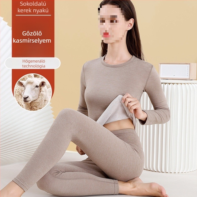 Női gyapjú termoszett - magas gallér, hosszú ujjú, egyszínű minta, gyapjú anyag, japán-koreai laza stílus