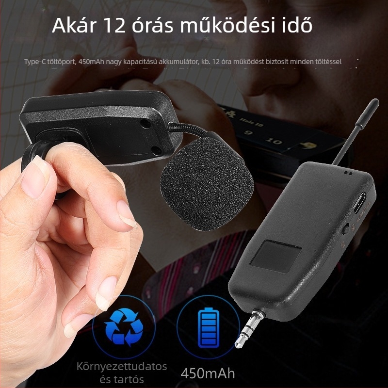 Hangszer-pickup mikrofon – beépített akkumulátor 300–500 mAh; frekvencia-válasz 100 Hz–20 kHz; SNR ≥70 dB; üzemidő >12 óra; tápfeszültség 5 V