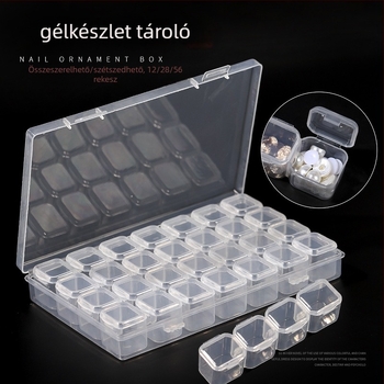 Körömdíszítéshez használható ékszertároló doboz 28- vagy 56 rekesszel, fedéllel ellátott kis tartozékok rendező
