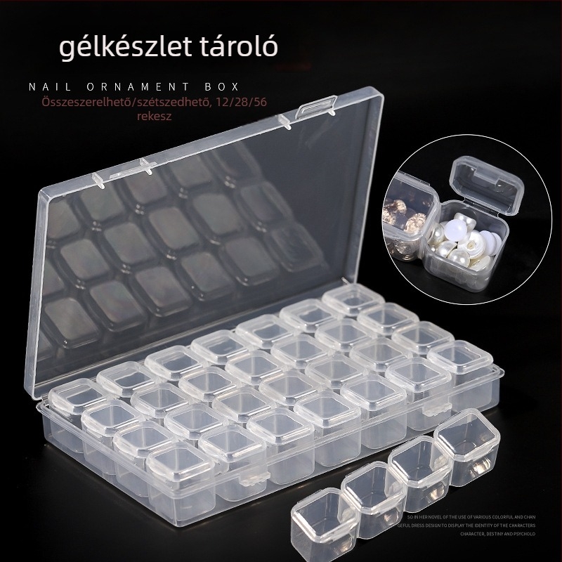 Körömdíszítéshez használható ékszertároló doboz 28- vagy 56 rekesszel, fedéllel ellátott kis tartozékok rendező
