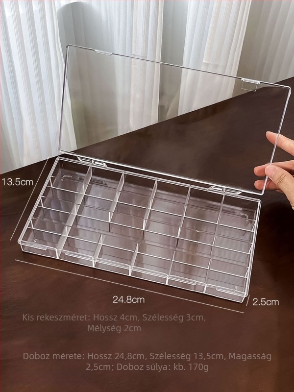 Japán stílusú, átlátszó akril manikűr doboz, több rekesszel, asztali eszközök és ékszerek tárolására