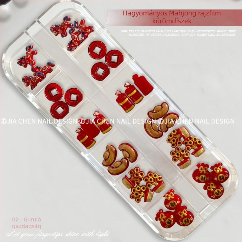 Kínai mahjong karikatúra stílusú körömdíszítés, újévi stílus, pénzfa és kandírozott gyümölcsök DIY viselhető körömdíszek