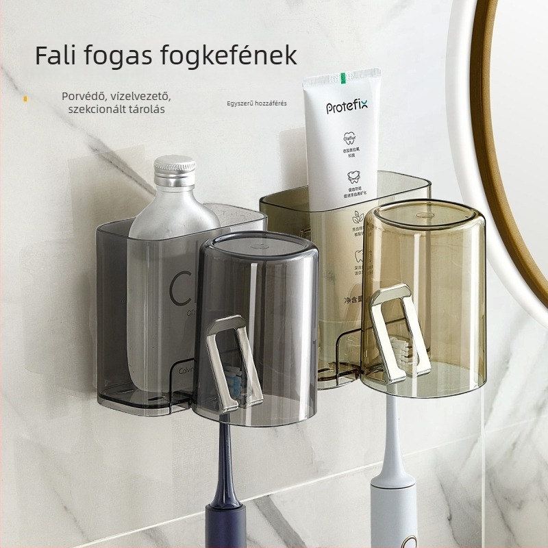 PH fogkefetartó, falra szerelhető, lyukasztás nélküli, műanyag, logó nyomtatott