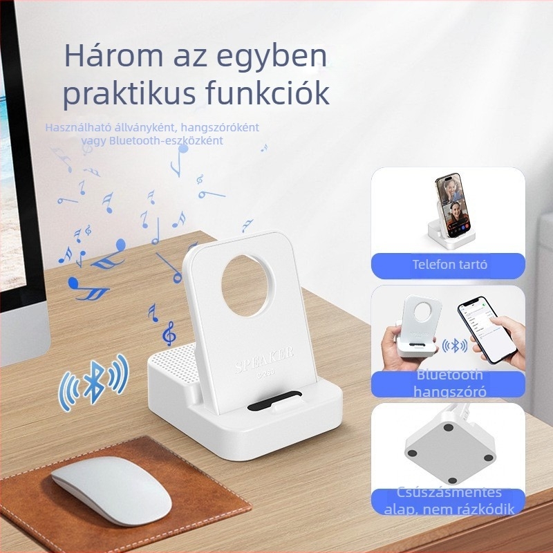 Bluetooth hordozható hangfal telefon-tartóval, 3-az-1-ben asztali állvány, 5W, Bluetooth 5.3, 20 Hz–20 kHz, SNR ≥70 dB, beépített akkumulátor
