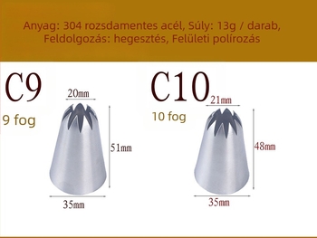 Díszítő cső süteményekhez, 10-fogú ívelt dizájn, élelmiszer-minőségű rozsdamentes acél