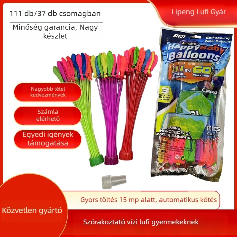 Vízharc Latex lufik – 111 db/37 db csomagban; Csomagolás: OPP; Anyag: latex; Funkció: vízi harc.
