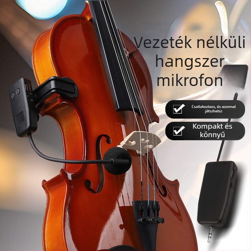 Hegedűhúros hangszerhez való mikrofon beépített akkumulátorral, kapacitív pickup, 5V tápegység, 100 Hz-20 kHz, SNR >=70 dB