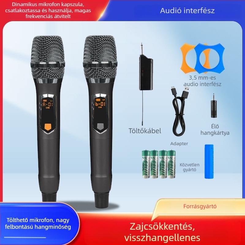 KTV/professzionális mikrofon T-18, frekvencia-válasz 60 Hz–15 kHz, SNR ≥85 dB, cserélhető akkumulátor 800–1000 mAh, üzemidő 6–8 óra