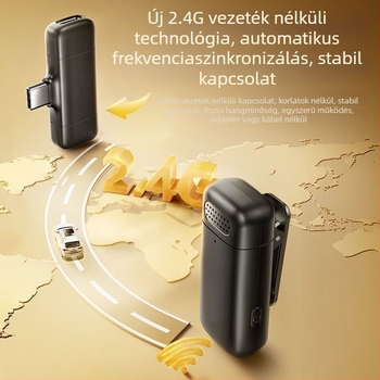 Vezeték nélküli Lavalier mikrofon töltőtokkal és LED kijelzővel, beépített 300–500 mAh-s akkumulátor, üzemidő 3–6 óra, SNR ≥ 100 dB.