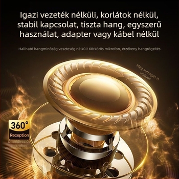 Vezeték nélküli Lavalier mikrofon töltőtokkal és LED kijelzővel, beépített 300–500 mAh-s akkumulátor, üzemidő 3–6 óra, SNR ≥ 100 dB.