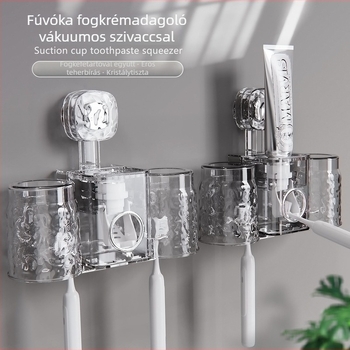 Fogkefetartó falra szerelhető szívókapcsos – PET anyag, fúrás nélkül, fogkrém adagoló és pohár tároló