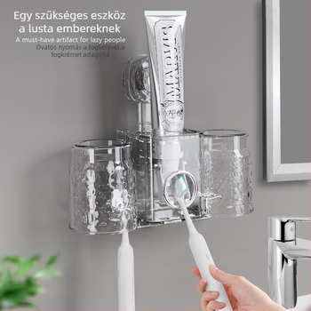 Fogkefetartó falra szerelhető szívókapcsos – PET anyag, fúrás nélkül, fogkrém adagoló és pohár tároló