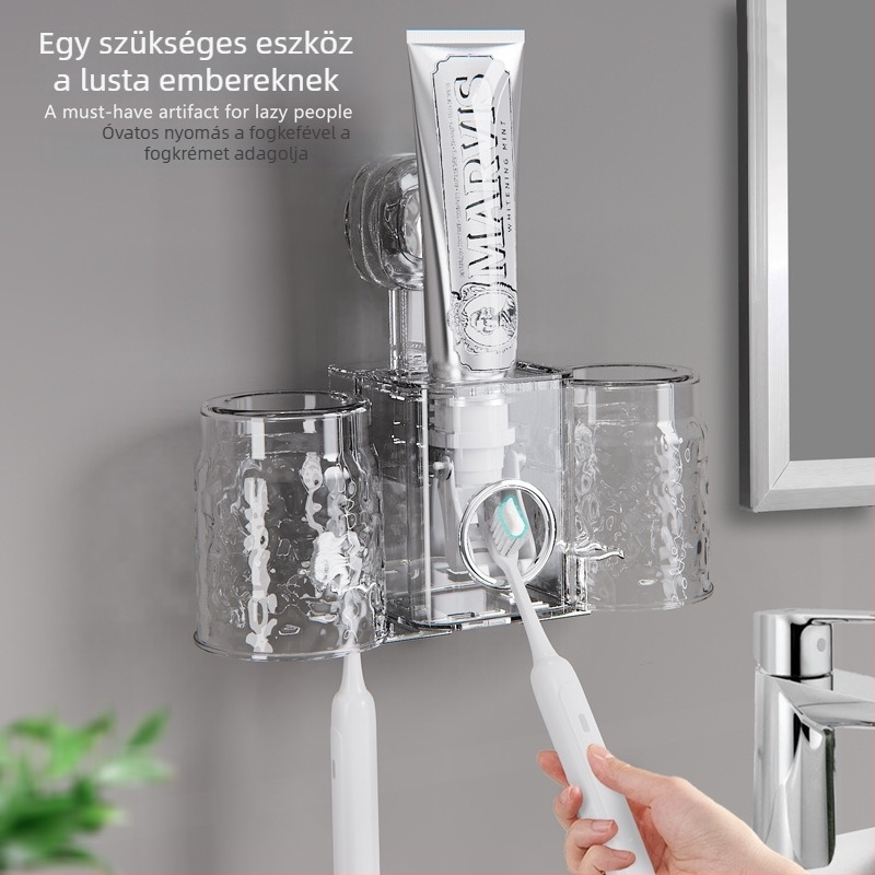 Fogkefetartó falra szerelhető szívókapcsos – PET anyag, fúrás nélkül, fogkrém adagoló és pohár tároló