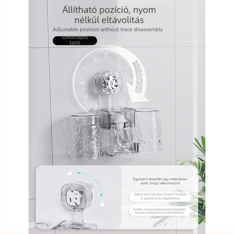 Fogkefetartó falra szerelhető szívókapcsos – PET anyag, fúrás nélkül, fogkrém adagoló és pohár tároló