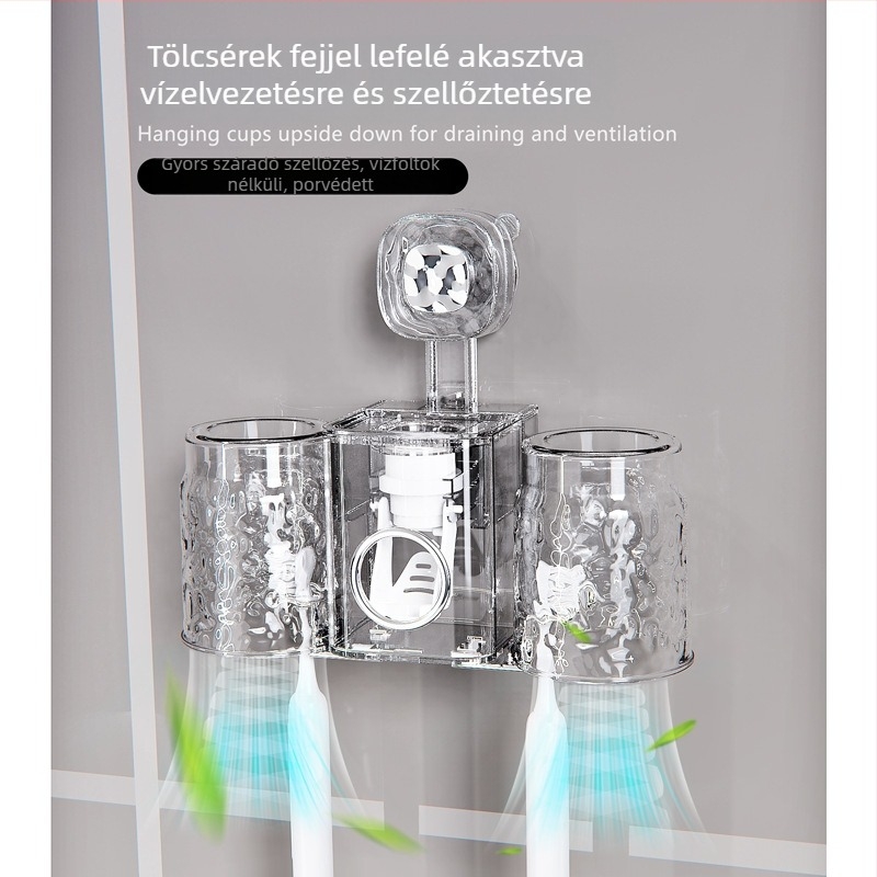 Fogkefetartó falra szerelhető szívókapcsos – PET anyag, fúrás nélkül, fogkrém adagoló és pohár tároló