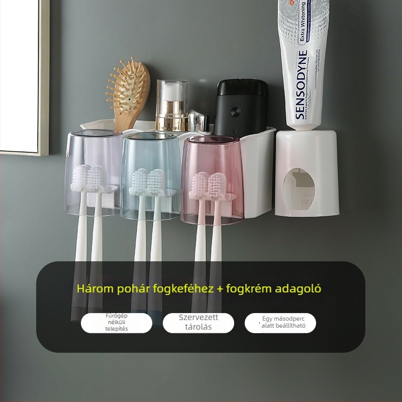 Fogkefetartó beépített rögzítéssel — PP+PS, fúrás nélküli telepítés, tárolás és fogkrém kinyomása, testreszabás elérhető