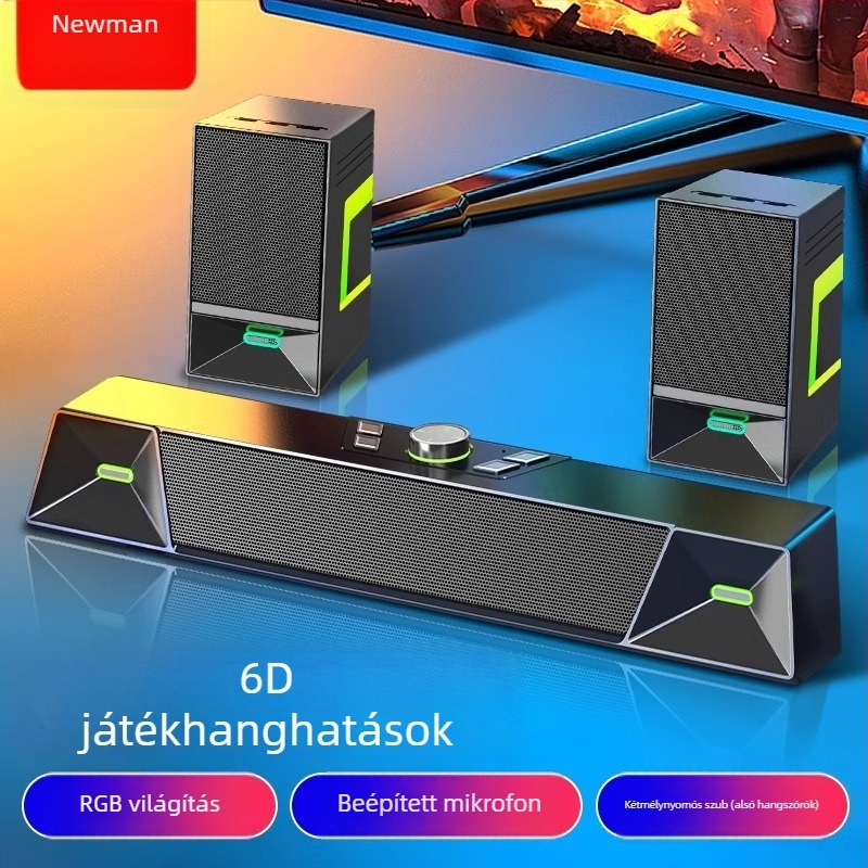 Newmine V6 asztali számítógép hangszórók, sztereó hangzás, USB-s működtetés, 20W, hangfrekvencia-tartomány 100 Hz–20 kHz, SNR ≥75 dB