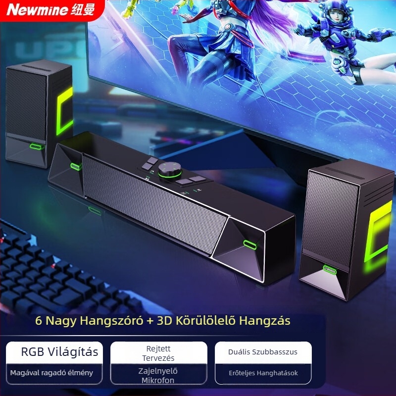 Newmine V6 asztali számítógép hangszórók, sztereó hangzás, USB-s működtetés, 20W, hangfrekvencia-tartomány 100 Hz–20 kHz, SNR ≥75 dB