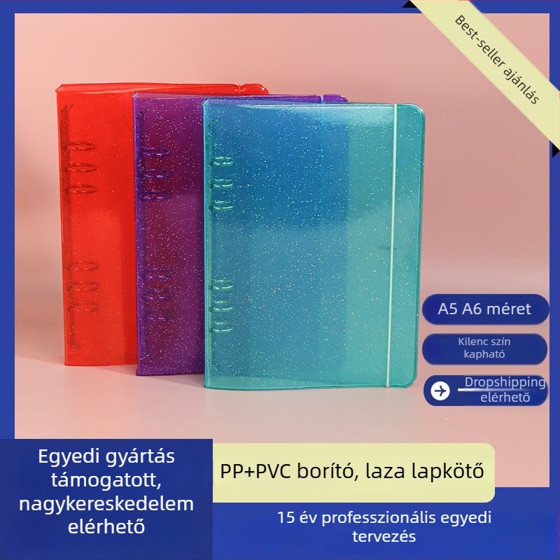 A5-ös átlátszó glitteres PVC jegyzetfüzetfedél leválasztható kiegészítőkkel, 6 lyukas PP kötőhöz