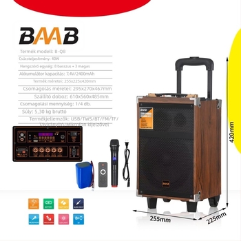 BAAB Kültéri karaoke hangfal, 2-hangszórós rendszer, Bluetooth 5.0, 40W, beépített akkumulátor