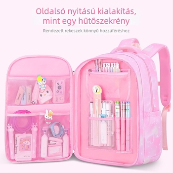 Általános iskolás lányok hátizsákja, könnyű, több rekesz, nagy kapacitás, ívelt vállpántok, Kuromi medállal