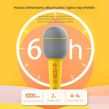 Vezeték nélküli mikrofon beépített hangfallal otthoni karaokehoz, Bluetooth 5.0; beépített akkumulátor 800–1000 mAh; üzemidő 6–8 óra; frekvencia-tartomány 20 Hz–20 kHz; SNR ≥85 dB