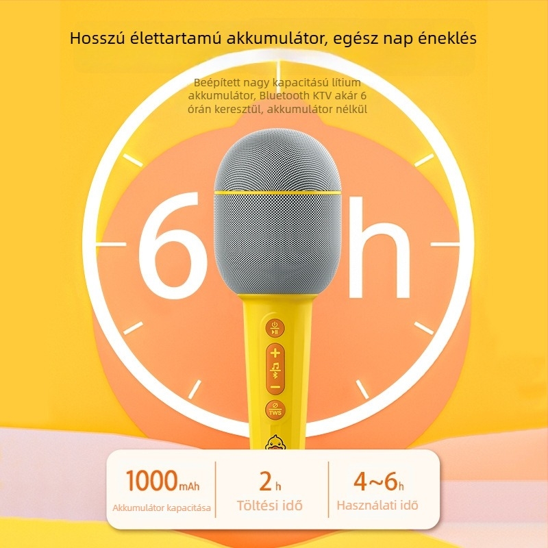 Vezeték nélküli mikrofon beépített hangfallal otthoni karaokehoz, Bluetooth 5.0; beépített akkumulátor 800–1000 mAh; üzemidő 6–8 óra; frekvencia-tartomány 20 Hz–20 kHz; SNR ≥85 dB