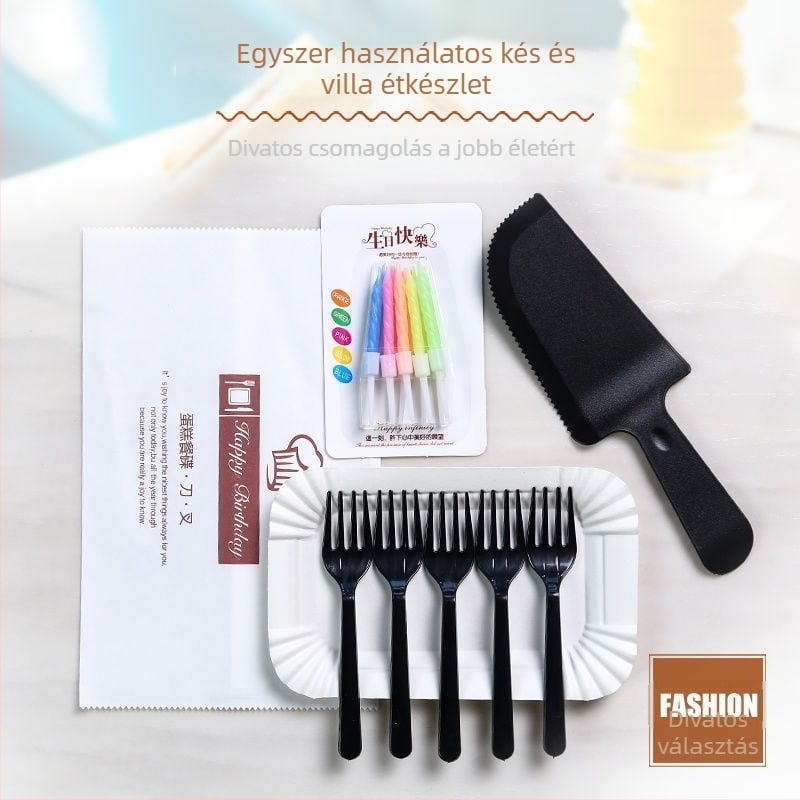 Születésnapi torta tányérkészlet: egyszer használatos tányérok és evőeszközök, négy az egyben (téglalap alakú, Unique márka, modern minimál stílus)