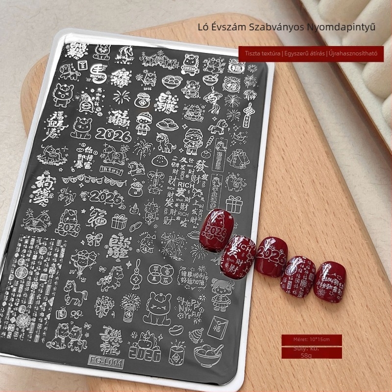 TY546 rozsdamentes acél körömdíszítő sablon – Ló éve áldás mintázat kezdőknek