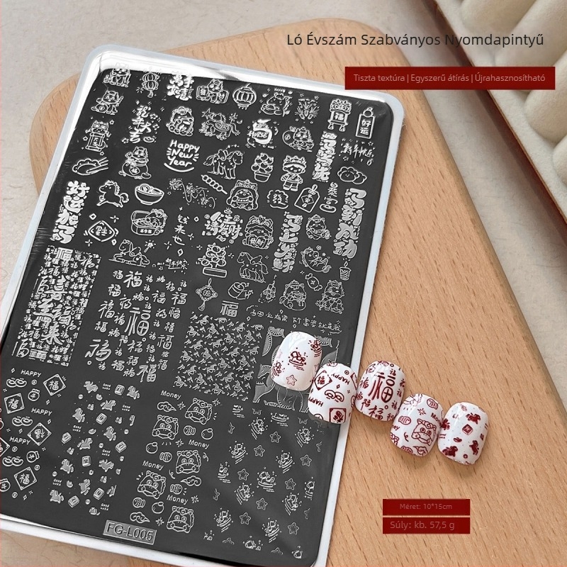 TY546 rozsdamentes acél körömdíszítő sablon – Ló éve áldás mintázat kezdőknek