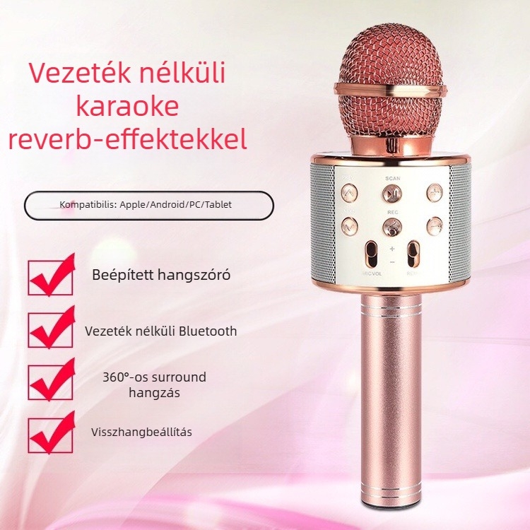 WS-858 Vezeték nélküli karaoke mikrofon beépített hangfallal, kondenzátor mikrofon, Bluetooth 5.3, 1000-1200mAh akkumulátor, 3-6 óra üzemidő, 100Hz-20kHz, SNR ≥75dB