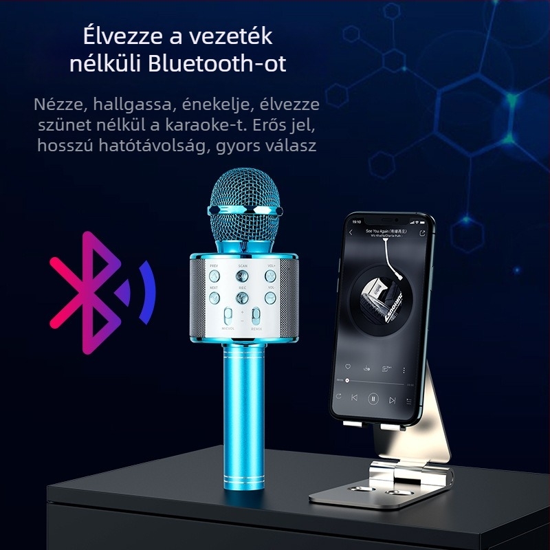 WS-858 Vezeték nélküli karaoke mikrofon beépített hangfallal, kondenzátor mikrofon, Bluetooth 5.3, 1000-1200mAh akkumulátor, 3-6 óra üzemidő, 100Hz-20kHz, SNR ≥75dB
