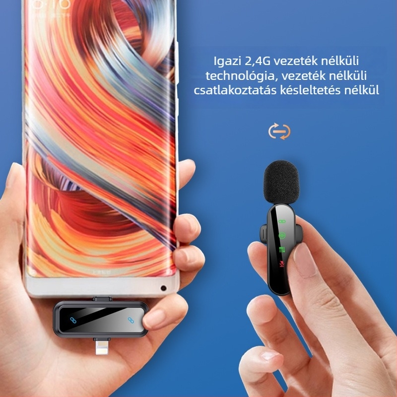 Vezeték nélküli lavalier mikrofon mobil élő közvetítéshez, omnidirekcionális, Bluetooth 5.3, 20 Hz–20 kHz, üzemidő 3–6 óra
