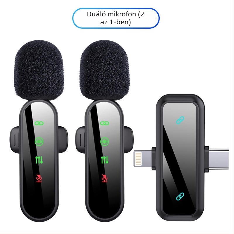 Vezeték nélküli lavalier mikrofon mobil élő közvetítéshez, omnidirekcionális, Bluetooth 5.3, 20 Hz–20 kHz, üzemidő 3–6 óra