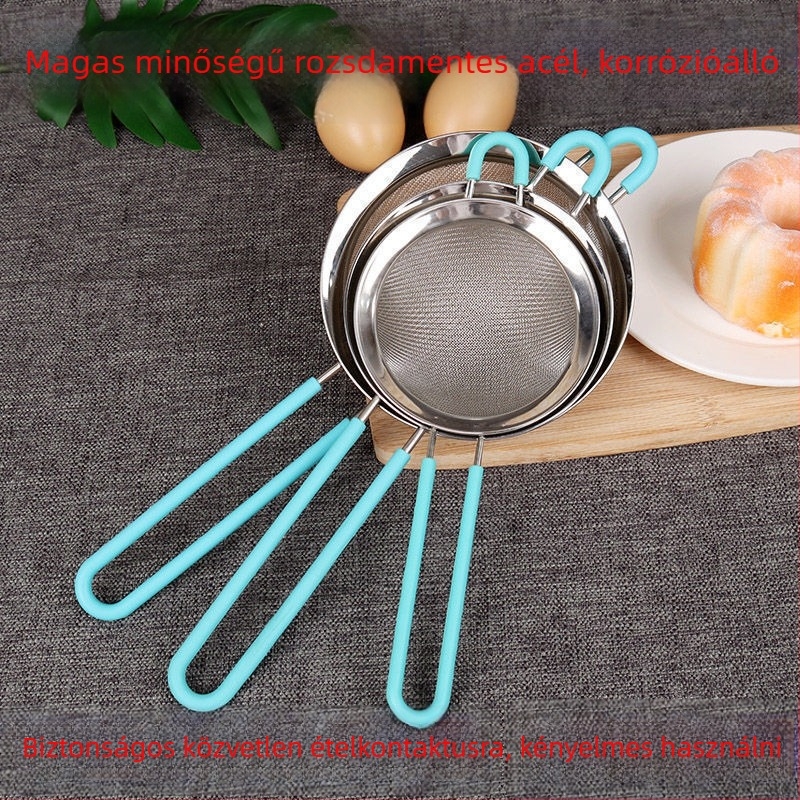 Rozsdamentes acélből készült kézi lisztszitó ultra fin hálóval – liszt, cukor és porok átszitálásához