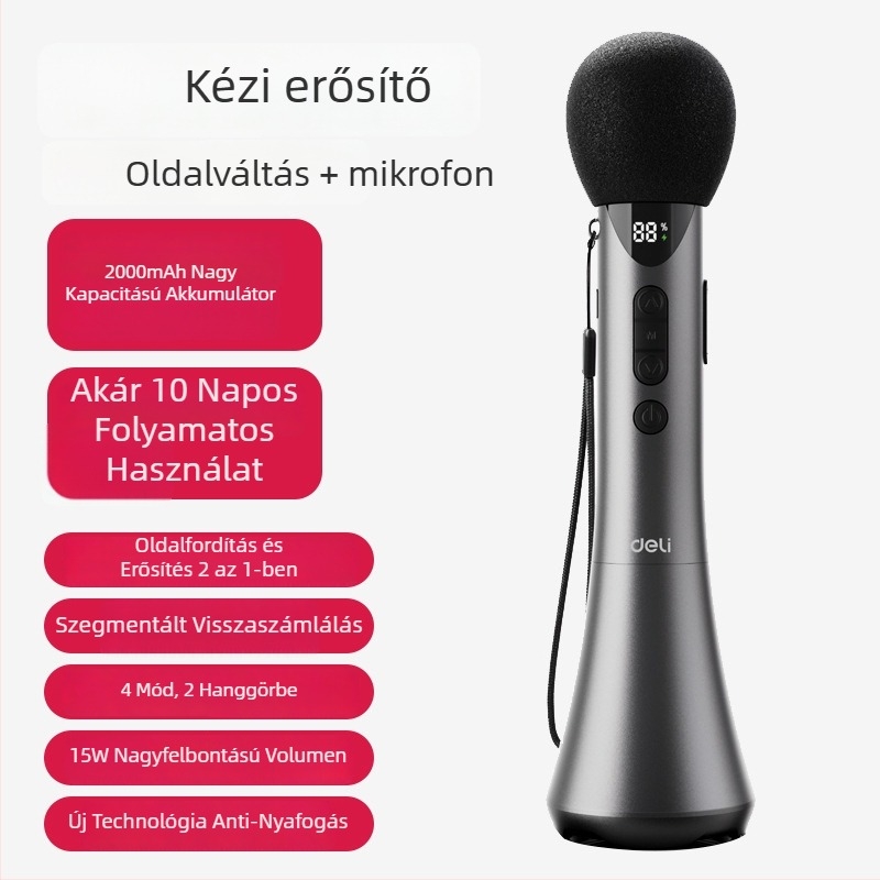 Kézben tartható karaoké erősítő beépített mikrofonnal — modell L-698, 15W kimenet, cserélhető elem, üzemidő több mint 12 óra, 5V tápegység