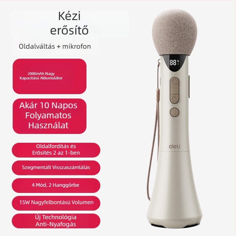 Kézben tartható karaoké erősítő beépített mikrofonnal — modell L-698, 15W kimenet, cserélhető elem, üzemidő több mint 12 óra, 5V tápegység