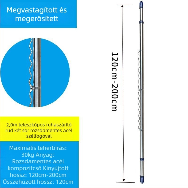 Rozsdamentes acél vastagított teleszkópos ruhaszárító rúd erkélyre, felső szerelés, fúrás nélkül