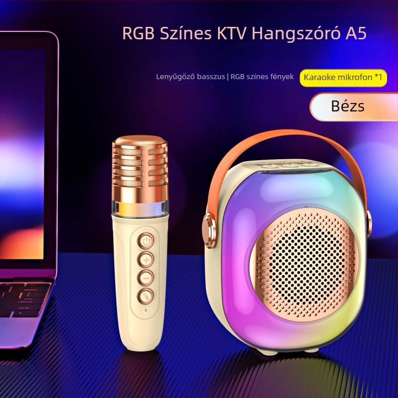 Bluetooth hangszóró RGB világítással és karaoke mikrofon készlet - 5W, Bluetooth 5.3, 60Hz-15kHz, 10m hatótáv, beépített 1000-1200mAh akkumulátor