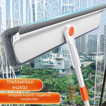 Kétoldalas ablaktisztító eszköz, behajtható, külső magasépületekhez, műanyag test, háztartási használat.