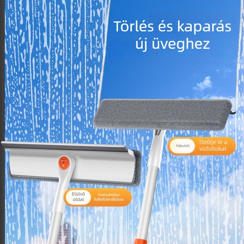 Kétoldalas ablaktisztító eszköz, behajtható, külső magasépületekhez, műanyag test, háztartási használat.