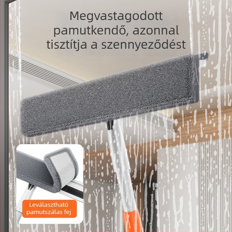 Kétoldalas ablaktisztító eszköz, behajtható, külső magasépületekhez, műanyag test, háztartási használat.
