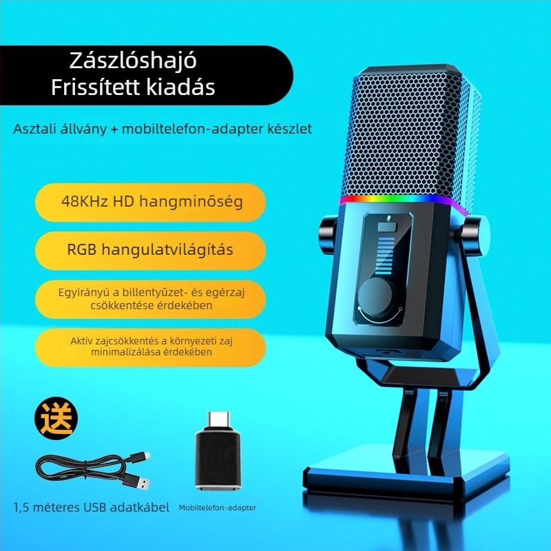 USB kondenzátor mikrofon streaminghez, játékokhoz és online órákhoz – asztali, cardioid, vezetékes