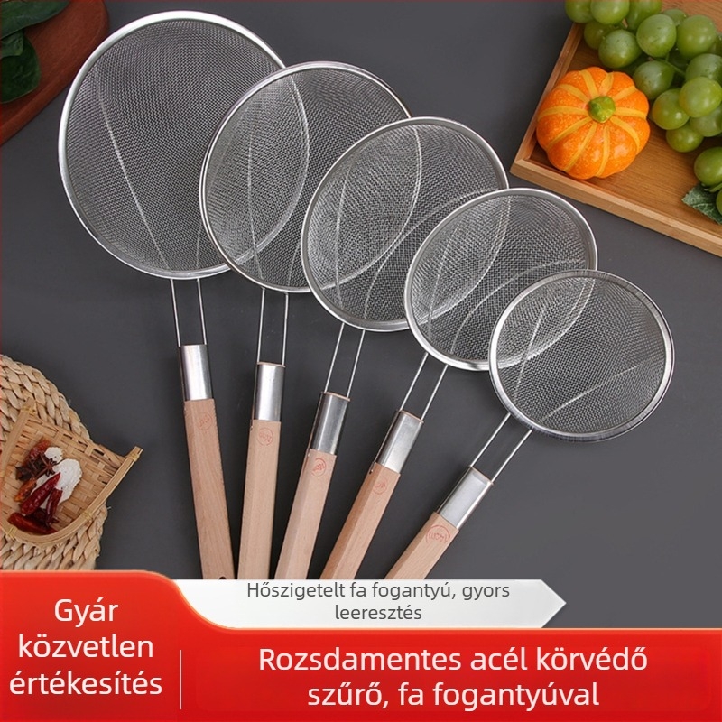 201 rozsdamentes acél szűrőkanál fa nyéllel, nagy háló, sütéshez és forró fazékhoz, logó nyomtatás elérhető