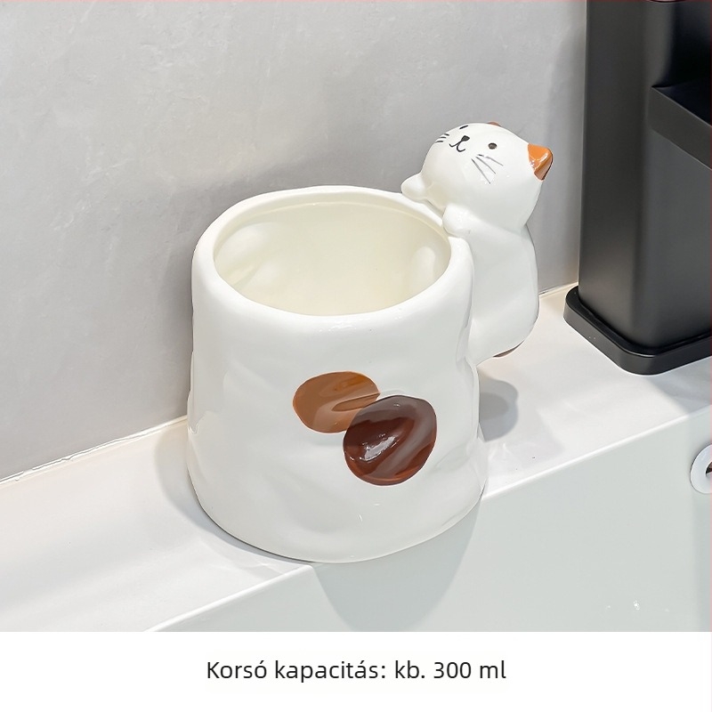 Háromszínű macska szájvíz és fogkefés pohár, kerámia, 1 db, logó nélkül, testreszabás nélkül