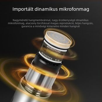 Professzionális dinamikus mikrofon beépített akkumulátorral otthoni és KTV használatra; akkumulátor kapacitás 800–1000 mAh, üzemidő 3–6 óra, SNR ≥60 dB, névleges teljesítmény 30, választható irányultság