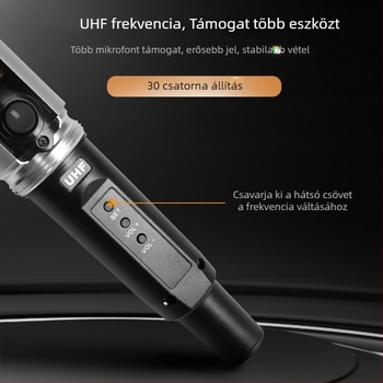 Professzionális dinamikus mikrofon beépített akkumulátorral otthoni és KTV használatra; akkumulátor kapacitás 800–1000 mAh, üzemidő 3–6 óra, SNR ≥60 dB, névleges teljesítmény 30, választható irányultság