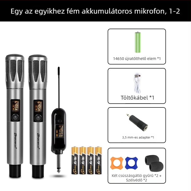 Professzionális dinamikus mikrofon beépített akkumulátorral otthoni és KTV használatra; akkumulátor kapacitás 800–1000 mAh, üzemidő 3–6 óra, SNR ≥60 dB, névleges teljesítmény 30, választható irányultság